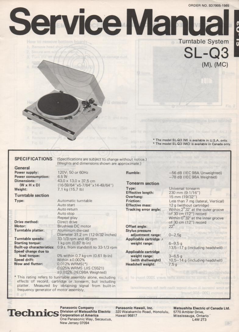 SL-Q3 Turntable Service Manual covers M MC versions. Comes with supplement