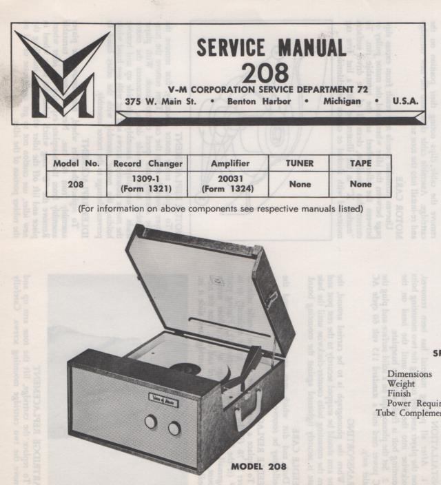 208 Portable Phonograph Service Manual.  Comes with 1309 record changer manual and 20031 manual.
