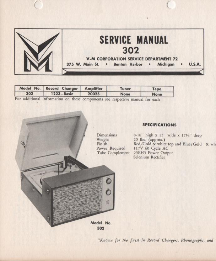 302 Portable Phonograph Service Manual.   Comes with 1223 turntable manual and 20025 power unit manual..