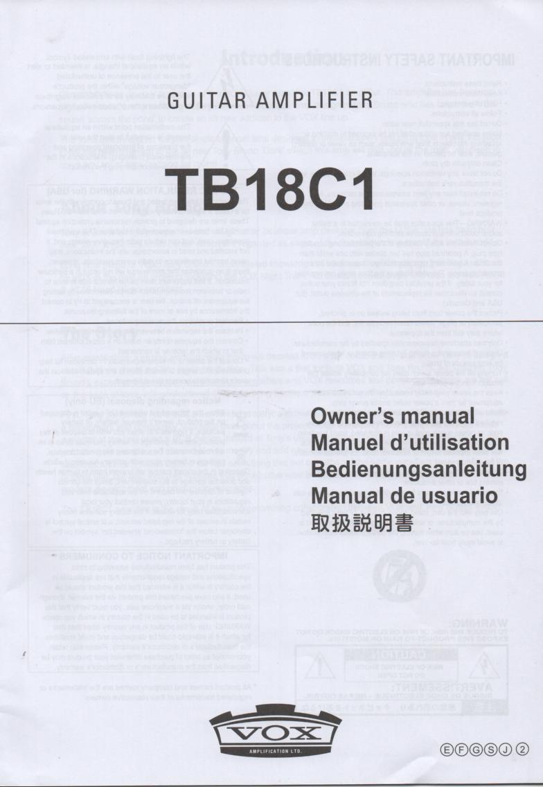 TB18C1 Guitar Amplifier Owners Manual. Printed in English, German, Japanese, French and Spanish...