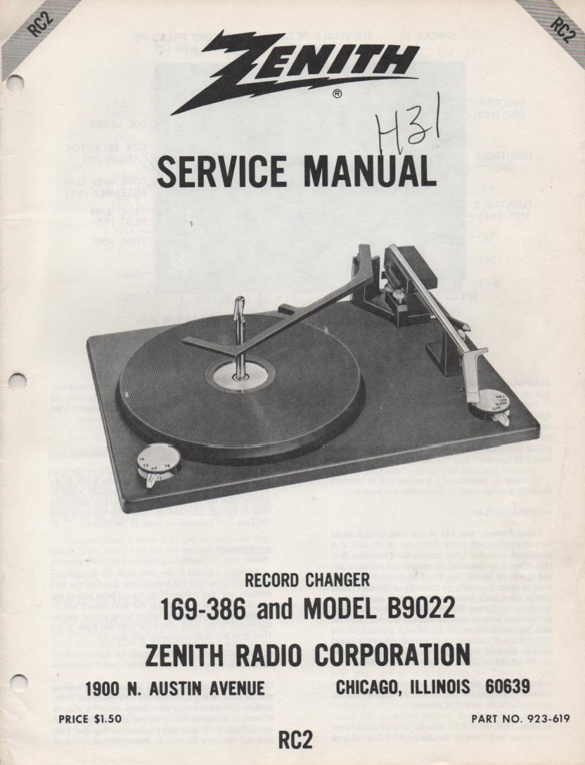 169-386 B9022 Turntable Service Manual RC-2  Zenith