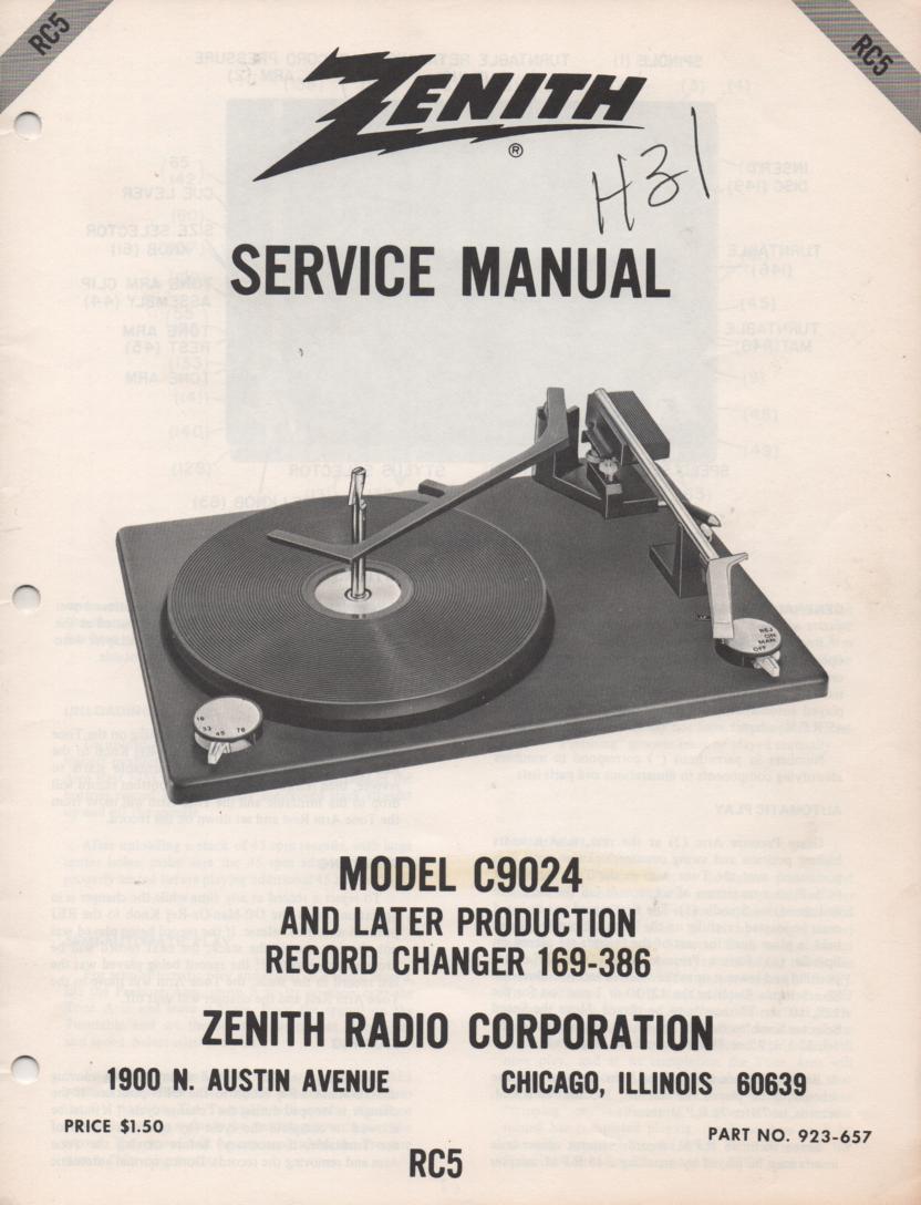 169-386 C9024 Late Production Turntable Service Manual RC-5  Zenith