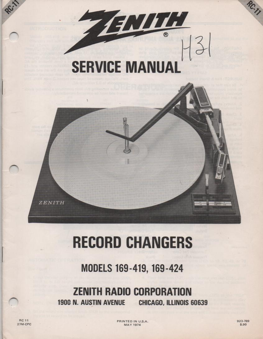 169-419 169-424 Turntable Service Manual RC-11  Zenith