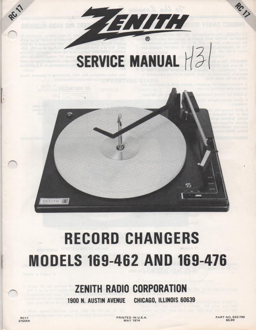 169-462 Turntable Service Manual RC-17  Zenith