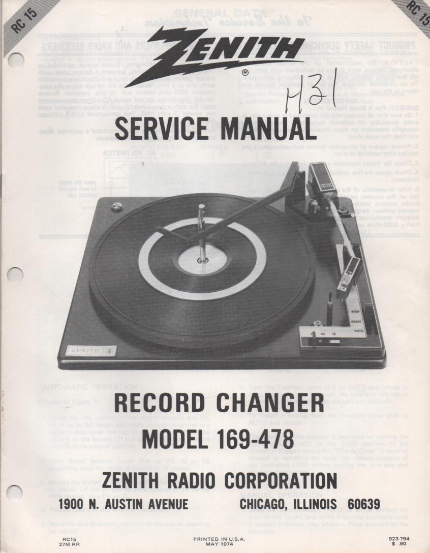 169-478 Turntable Service Manual RC-15  Zenith