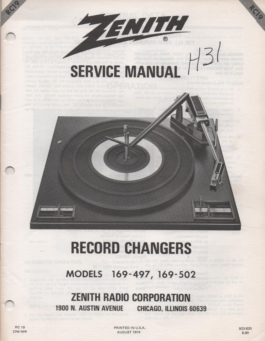 169-502 Turntable Service Manual RC-19  Zenith