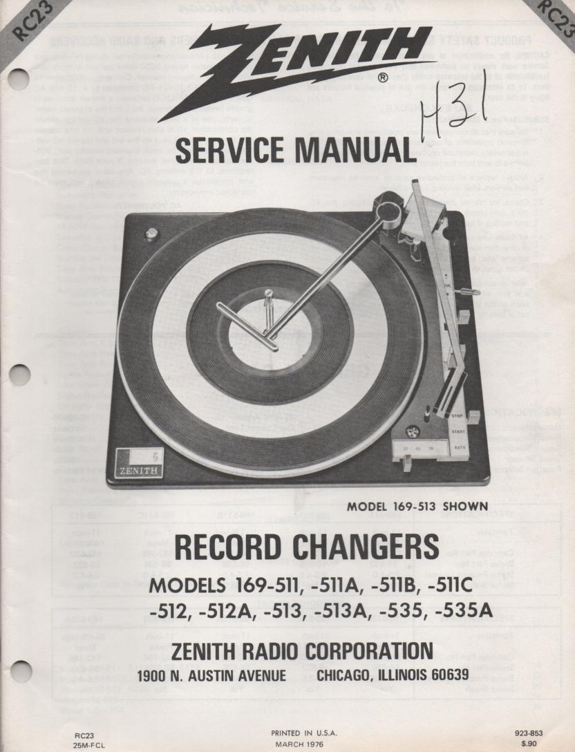 169-512 Turntable Service Manual RC-23  Zenith