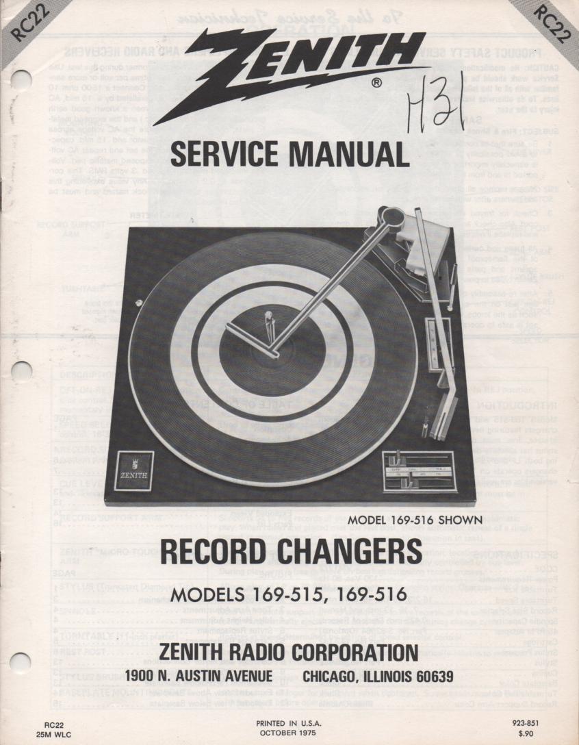 169-515 Turntable Service Manual RC-22  Zenith