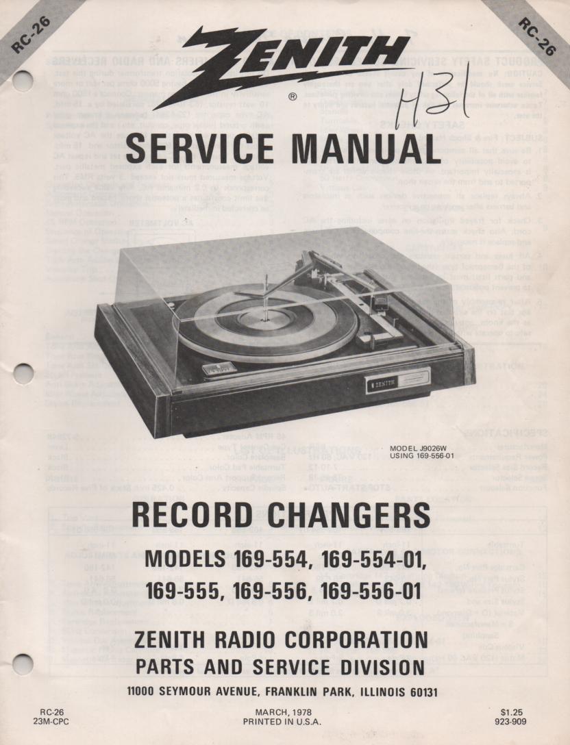 169-555 Turntable Service Manual RC-26  Zenith