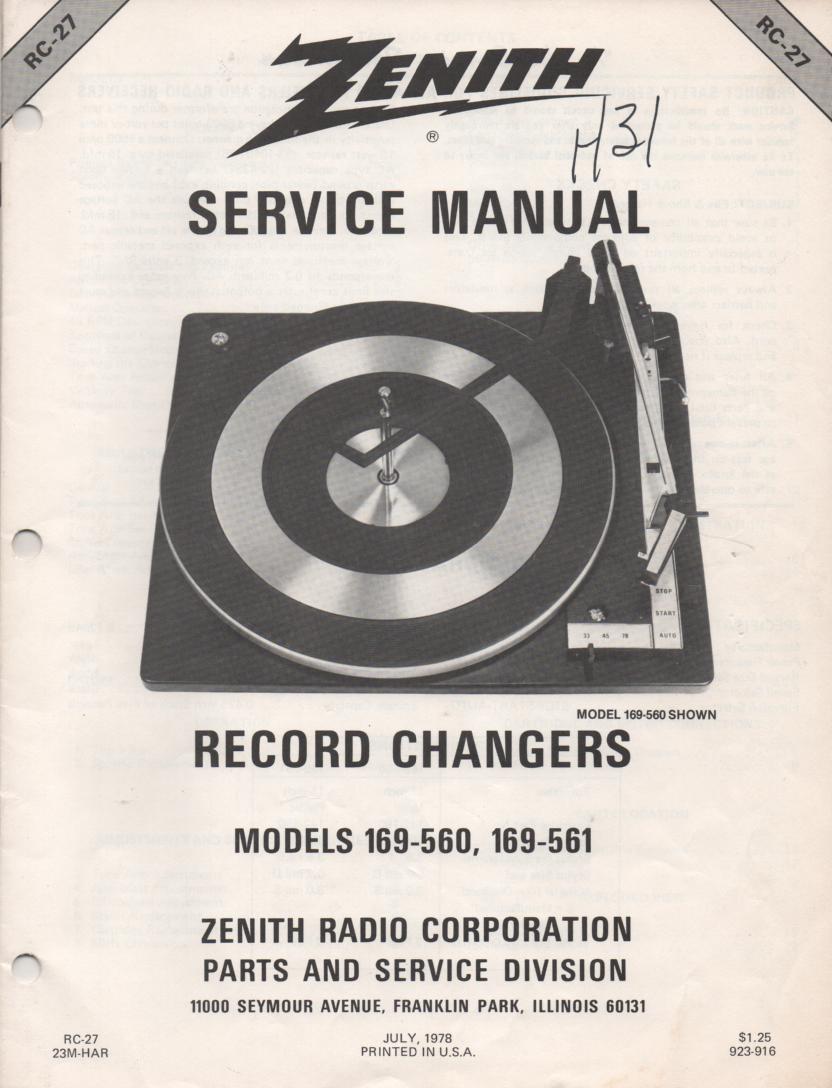 169-560 Turntable Service Manual RC-27  Zenith