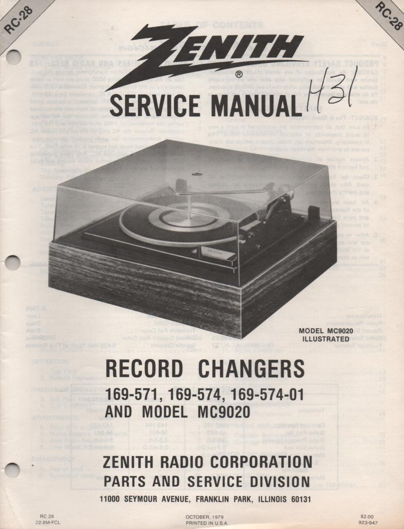 169-574 169-574-01 MC9020 Turntable Service Manual RC-28  Zenith