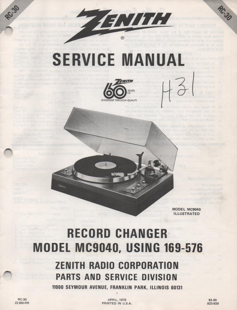 169-576 MC9040 Turntable Service Manual RC-30  Zenith