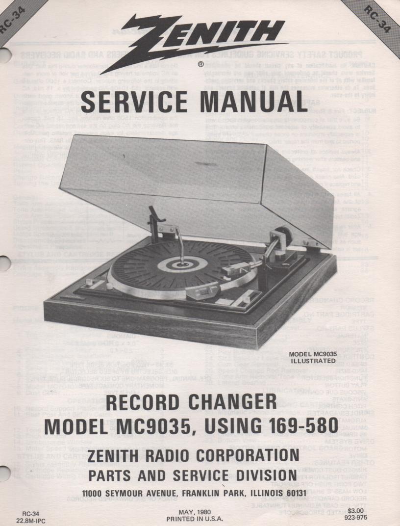 169-580 MC9035 Turntable Service Manual RC-34  Zenith