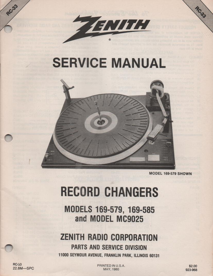 169-585 169-579 MC9025 Turntable Service Manual RC-33  Zenith