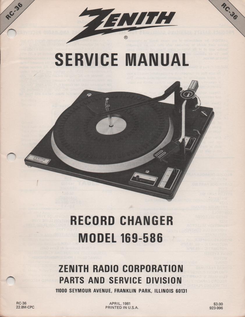 169-586 Turntable Service Manual RC-36  Zenith