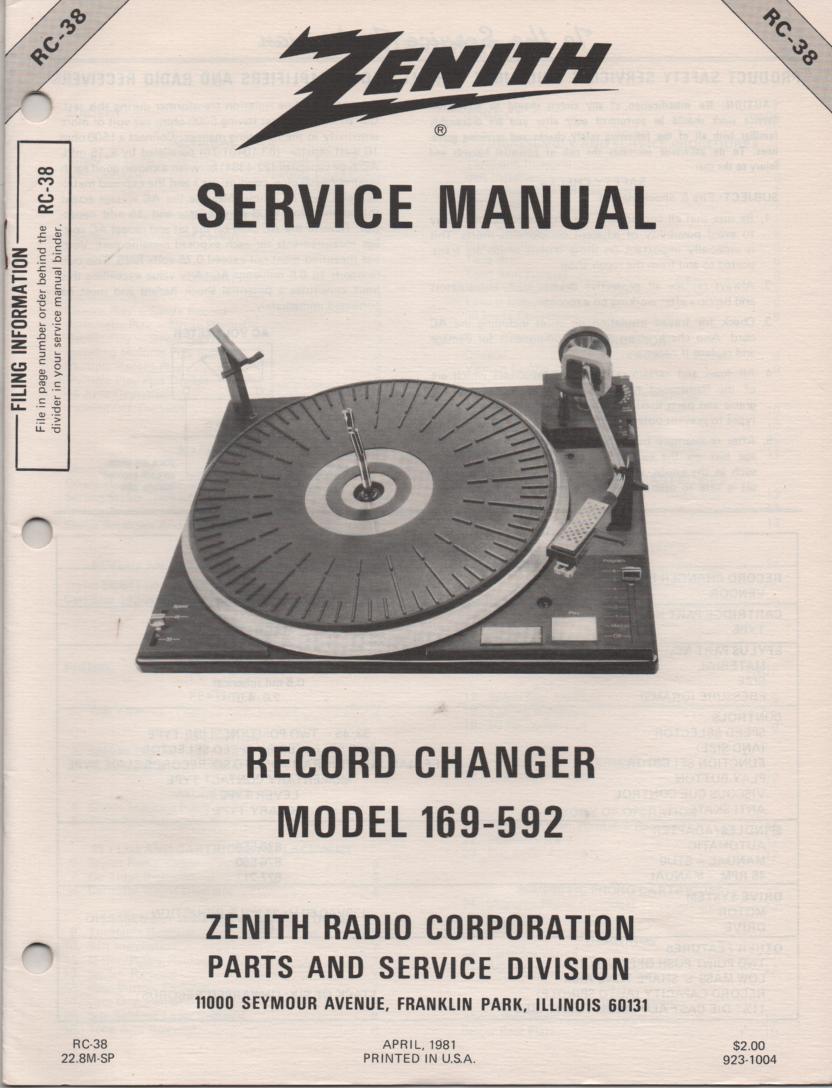 169-592 Turntable Service Manual RC-38  Zenith