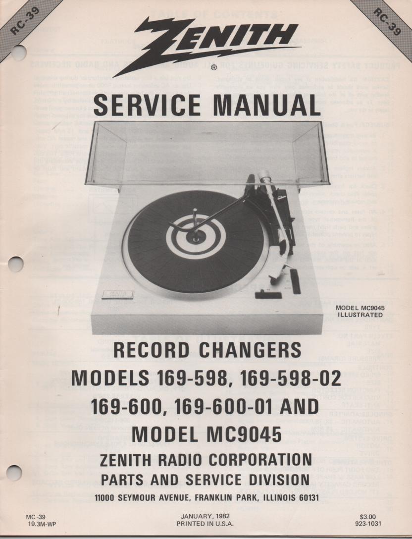169-600 169-600-01 MC9045 Turntable Service Manual RC-39  Zenith