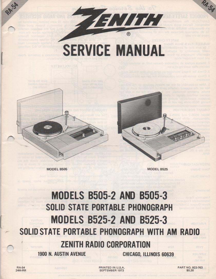 B505 B525 Portable Phonograph Service Manual RA7  Zenith