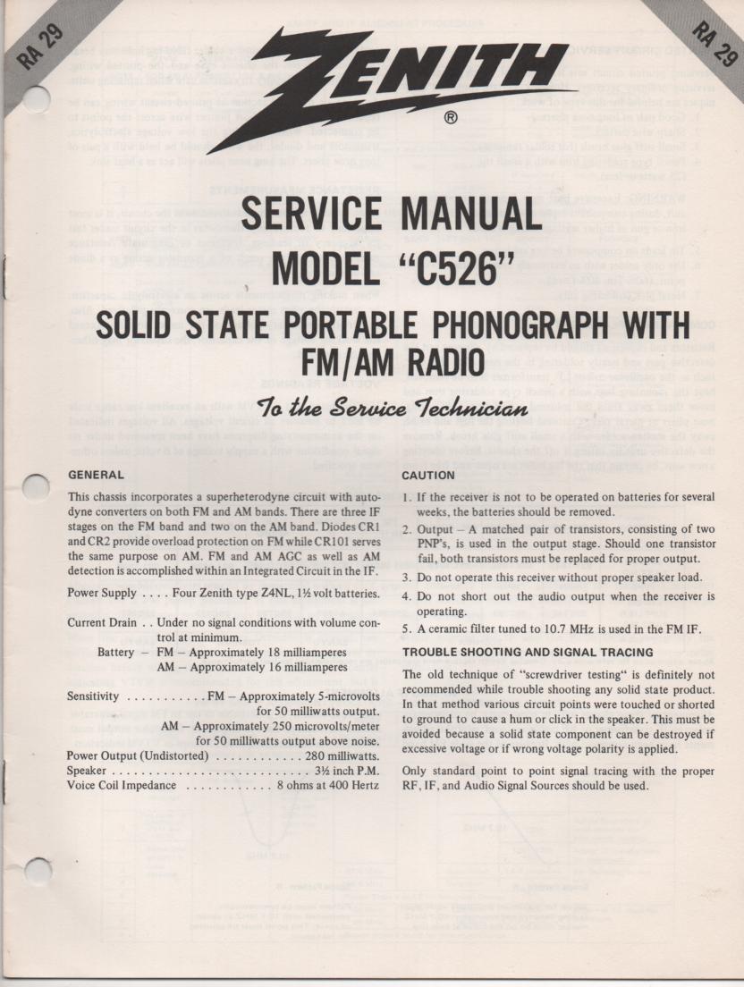 C526 Turntable Service Manual RA-29  Zenith