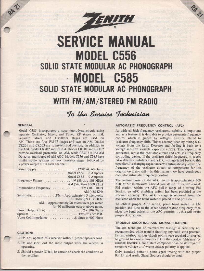C556 Turntable Service Manual RA-21  Zenith