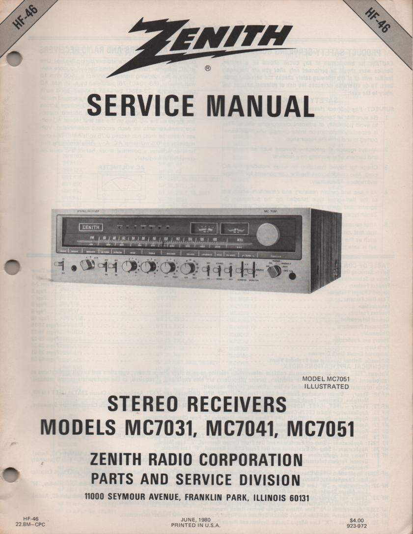 MC7031 MC7041 MC7051 Stereo Receiver Service Manual HF46  Zenith