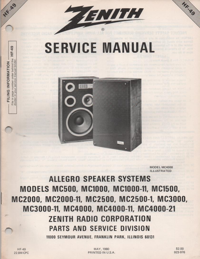 MC2000 MC2000-11 MC2500 MC2500-1 Allegro Speaker Systems Service Manual HF49