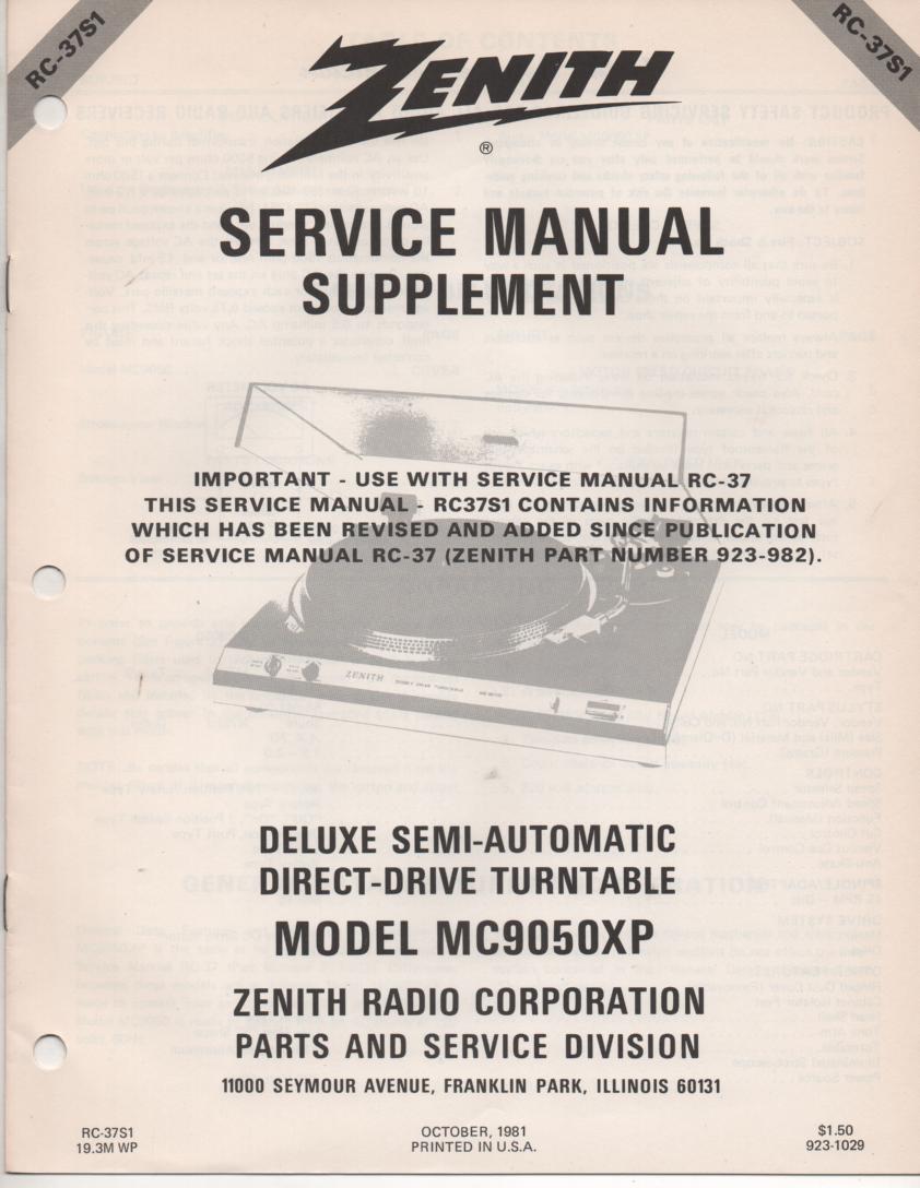MC9050XP Turntable Service Manual RC-37S1  Zenith