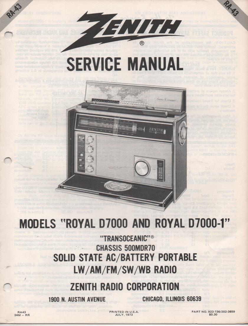 D7000 D7000-1 Royal D7000 D7001 Transoceanic Radio Service Manual RA43...  with chassis 500MDR70