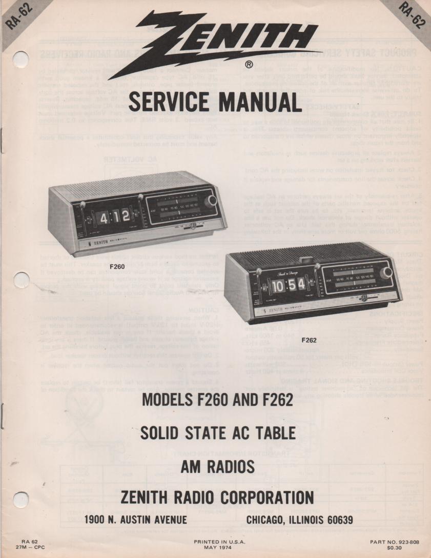 F260 F262 Clock Radio Service Manual RA62