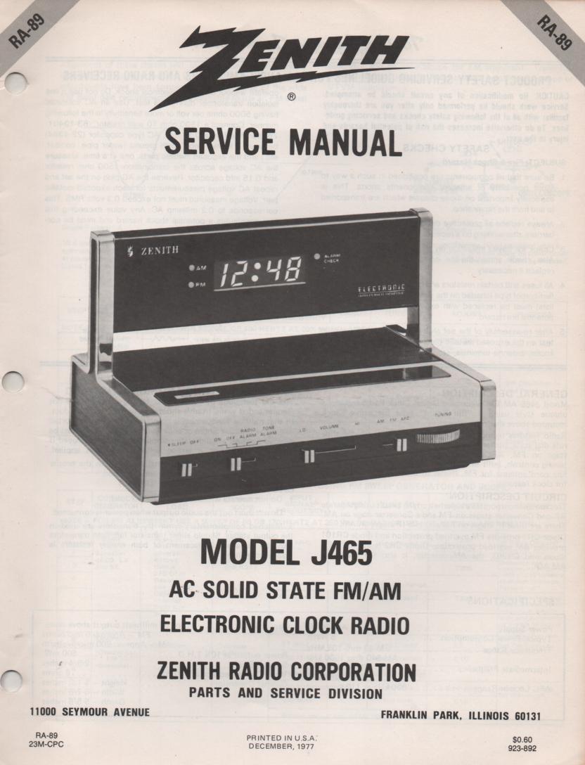 J465 AM FM Table Radio Service Manual RA89