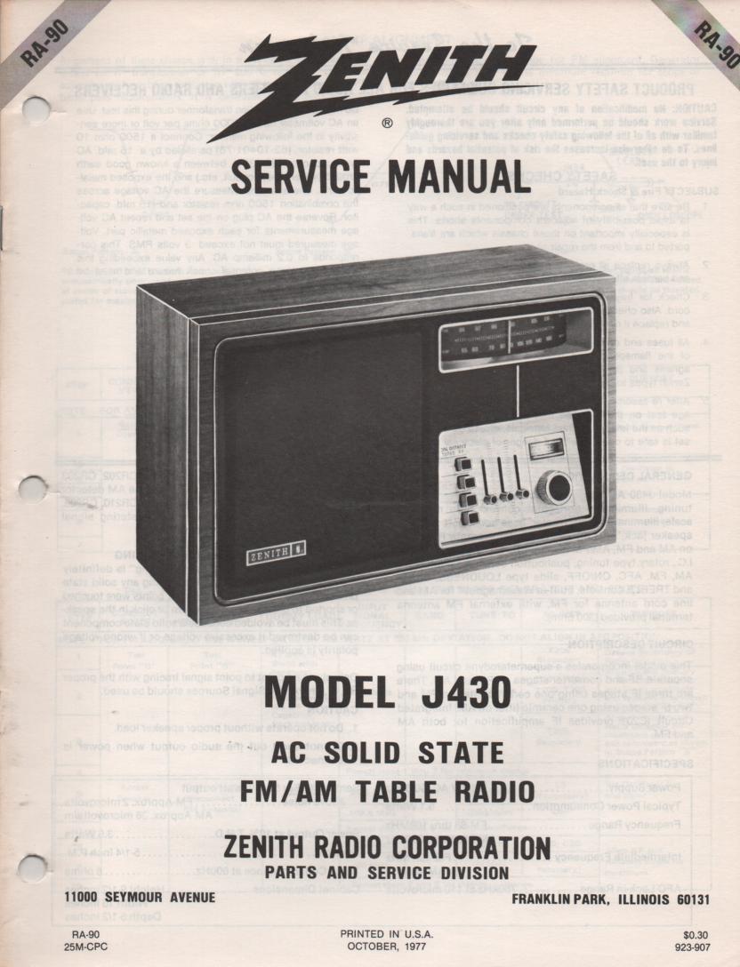 J430 AM FM Table Radio Service Manual RA90