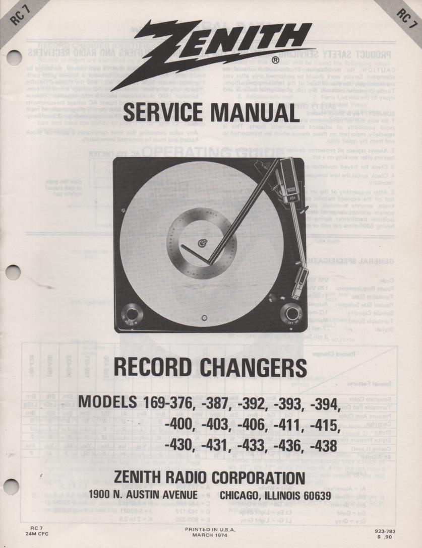 169-376 169-387 169-392 169-393 169-394 Record Changer Turntable Service Manual RC-7  Zenith