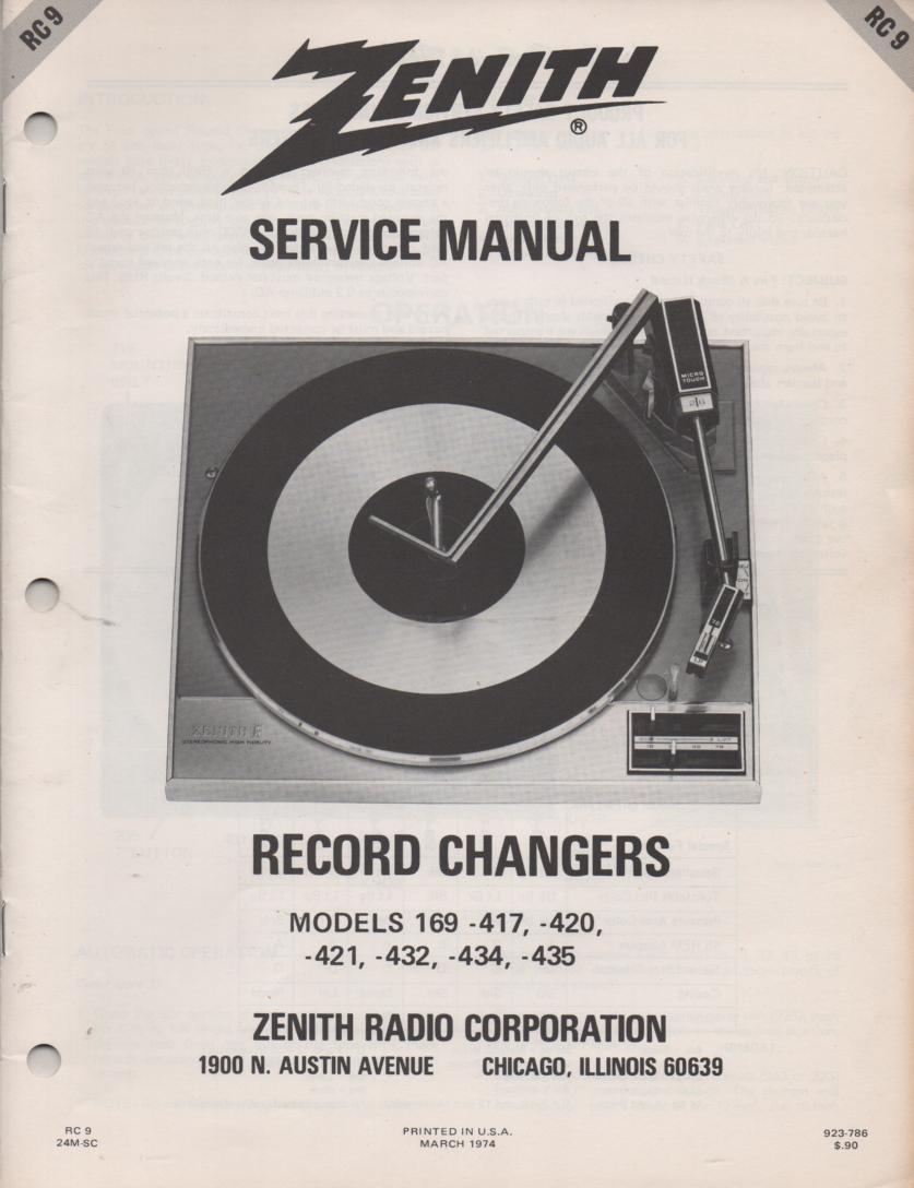 169-417 169-420 169-421 169-432 169-434 169-435 Record Changer Service Manual  RC9  Zenith
