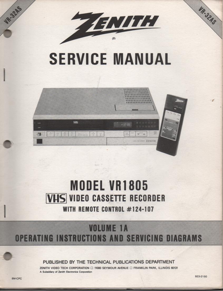 VR1805 VCR Operating Instruction Manual..VR32AS.. Front section of service manual in the owners manual..