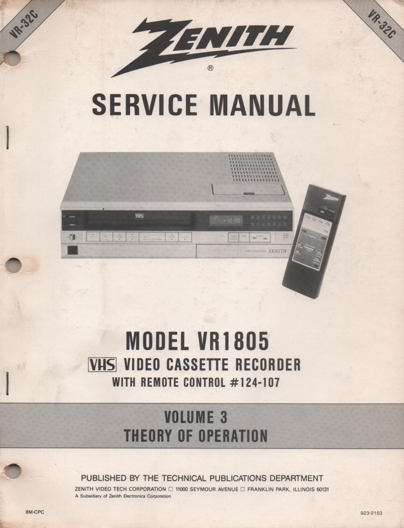 VR1805 VCR Theory of Operation Technical Service Manual VR32C  This is not an owners manual..