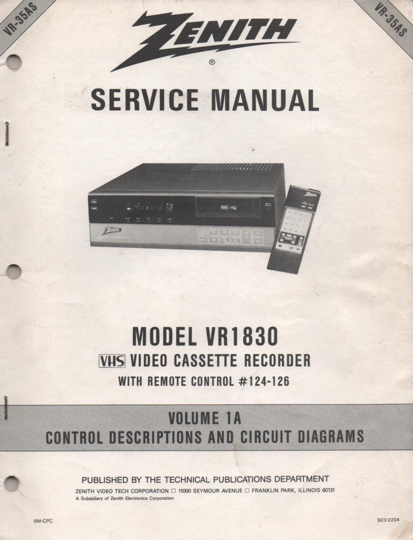 VR1830 VCR Control Descriptions Service Diagram Manual VR35AS  