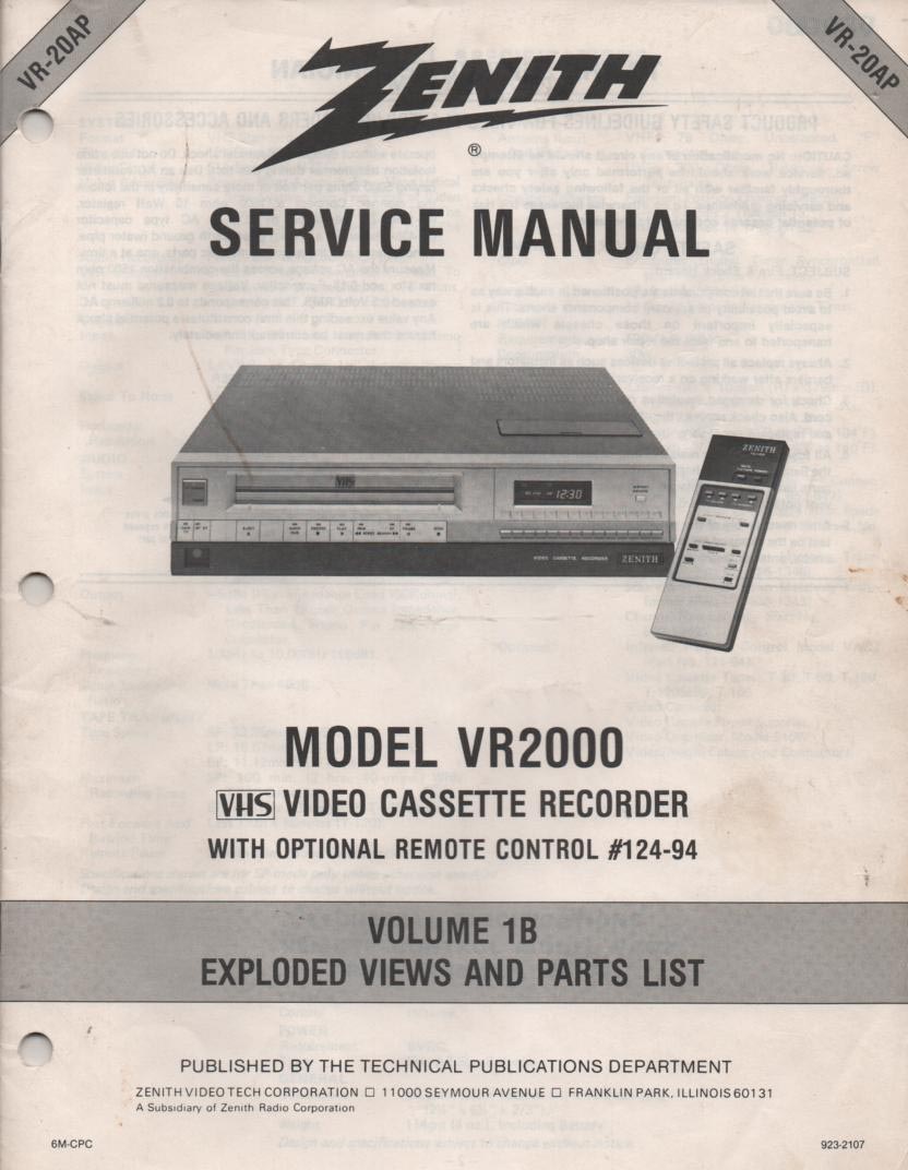 VR2000 VCR Exploded Views and Parts Service Manual VR20AP  