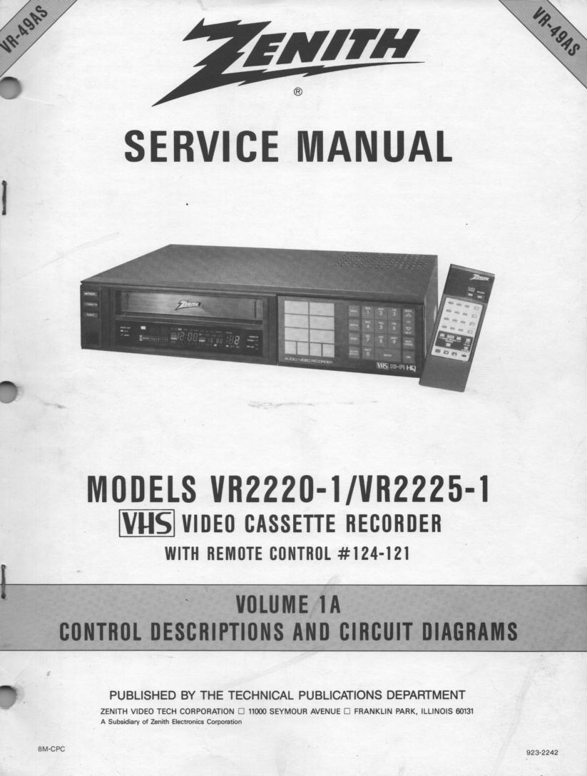 VR2220-1 VR2225-1 VCR Control Descriptions Service Diagram Manual VR49AS  