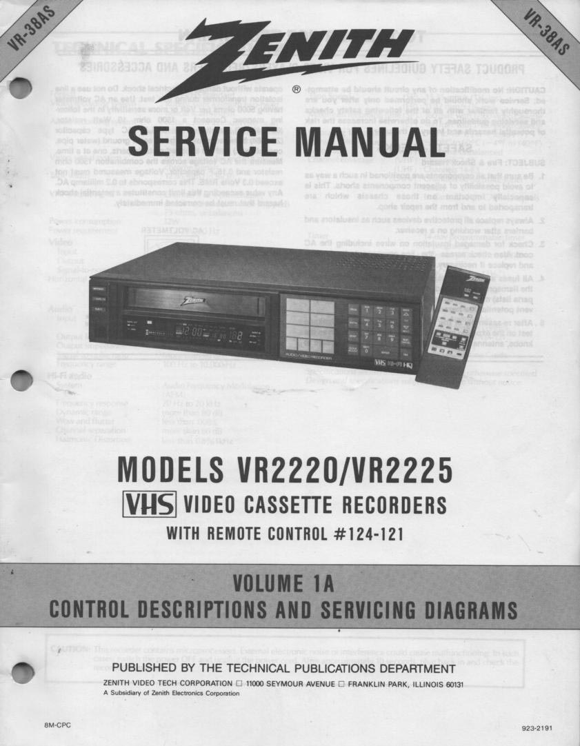 VR2220 VR2225 VCR Control Descriptions Service Diagram Manual VR38AS  