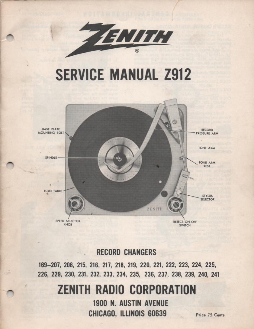 169-207 169-208 169-215 169-216 Record Changer Service Manual Z912  Zenith