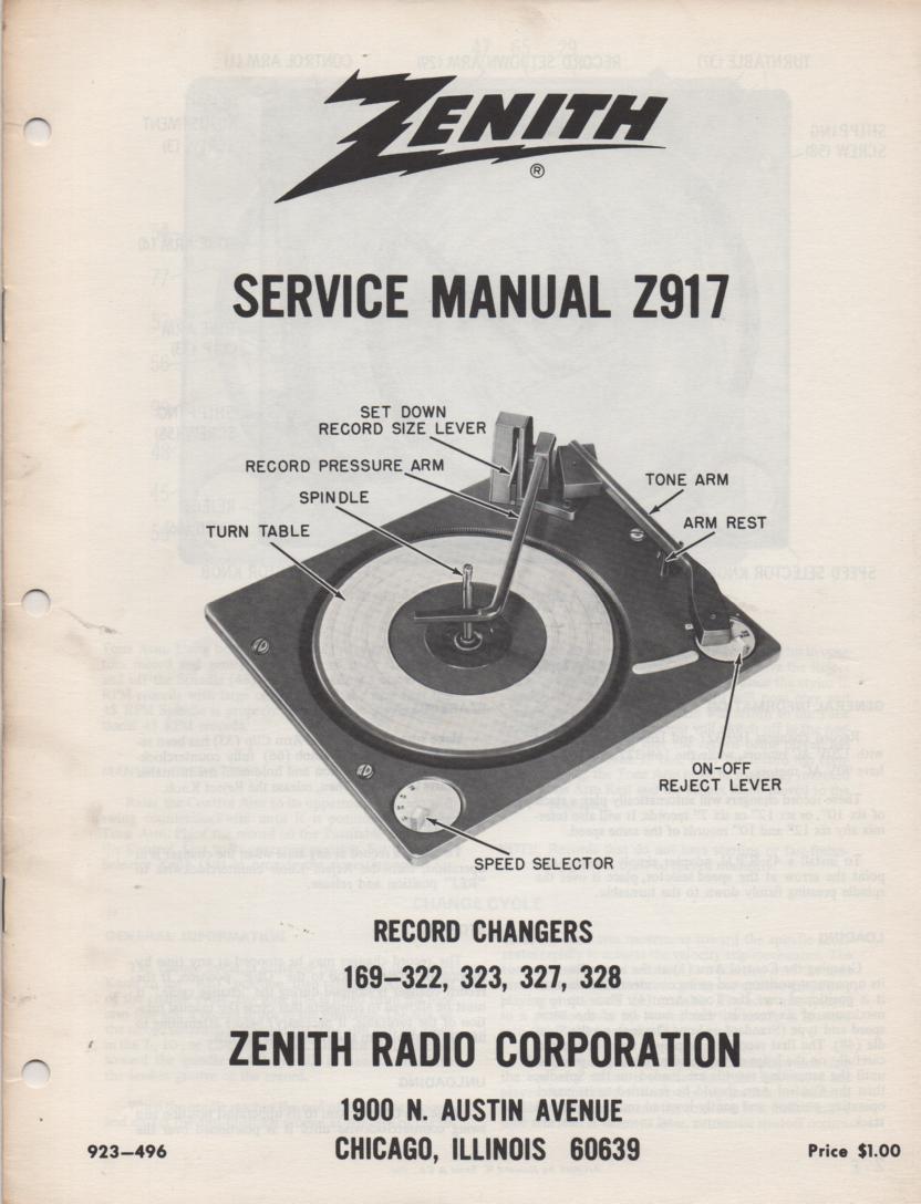 169-322 169-323 169-327 169-328 Record Changer Service Manual Z917  Zenith
