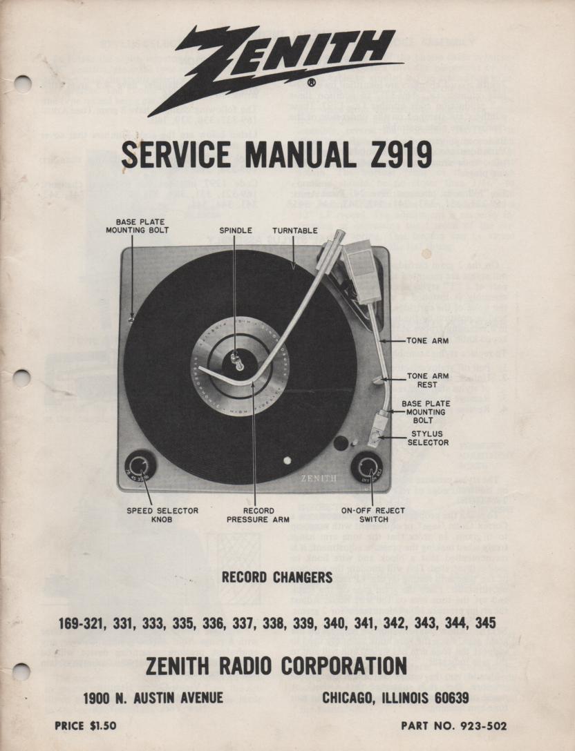 169-321 169-331 169-333 169-335 Record Changer Service Manual Z919  Zenith