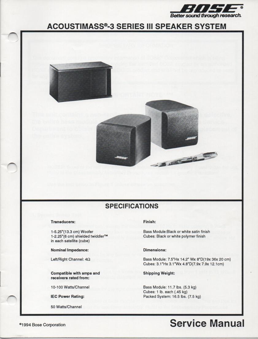 AM-3 Acoustimass-3 Series III Speaker System Service Manual.    174788 2/94 