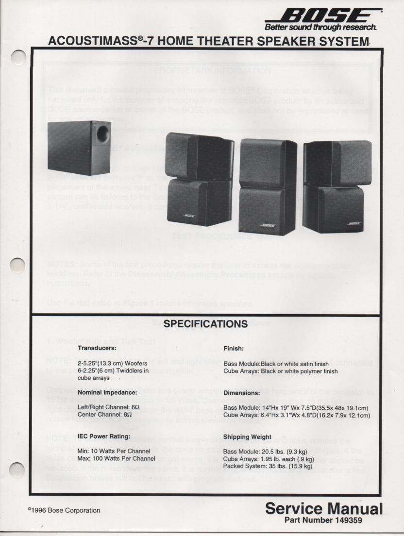AM-7 Acoustimass-7 Home Theater Speaker System Service Manual.  
149359 1996   