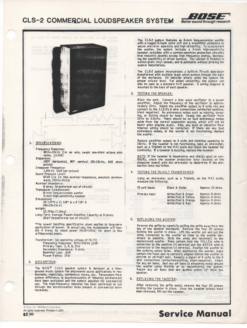 CLS-2 Commercial Speaker System Service Manual