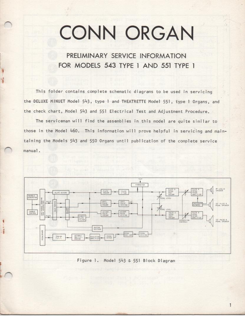 543 551 Organ Type 1 Service Manual.  Use 460 Manual for complete manual It contains parts lists schematics and board layouts