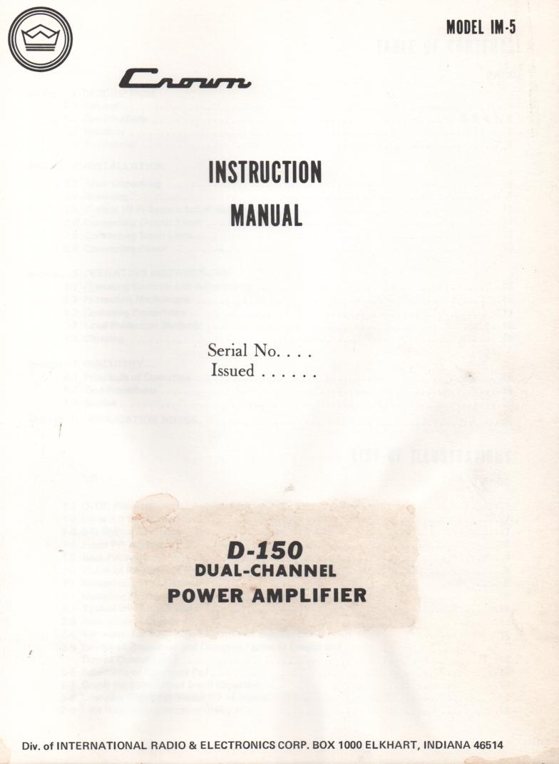 D-150 Dual Channel Power Amplifier Owners Service Manual.,.  IM5