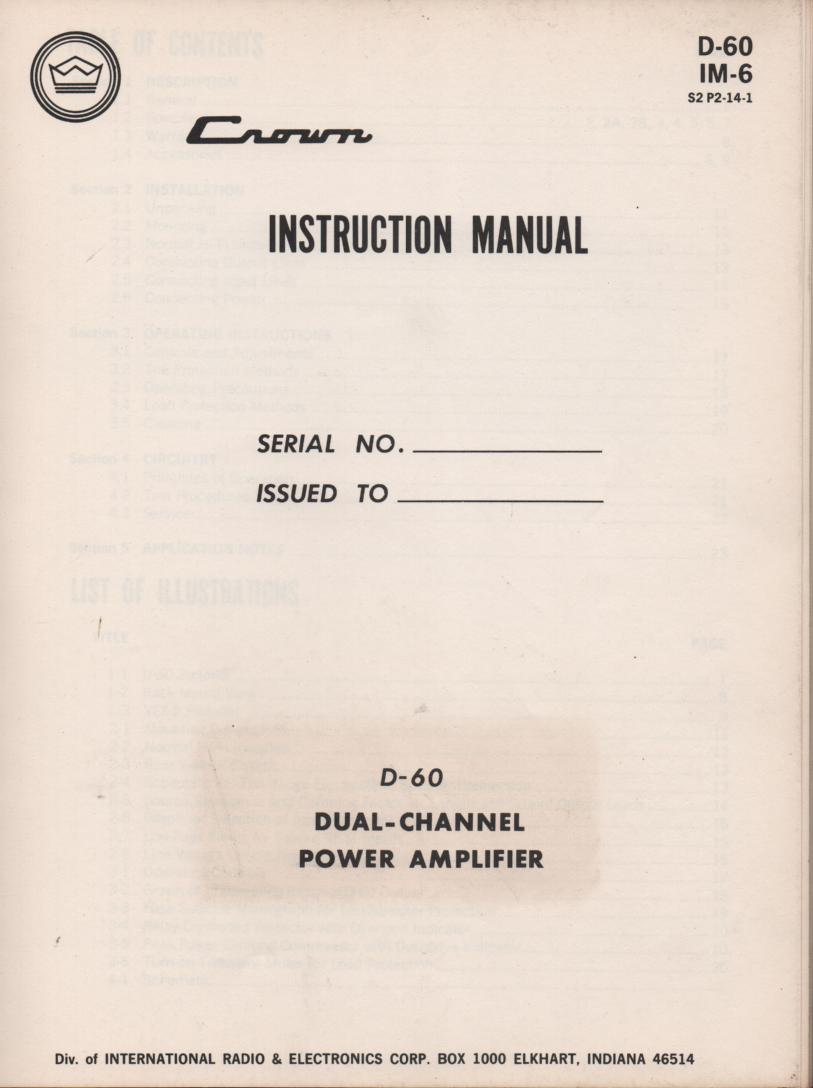 D-60 Power Amplifier Owners Operating Instruction Manual