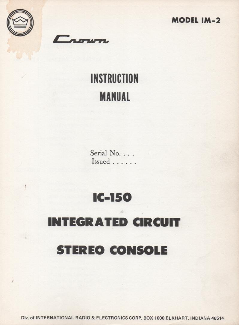 IC-150 Stereo Console Operating Instruction Manual..  IM-2.  Contains parts list and schematic
