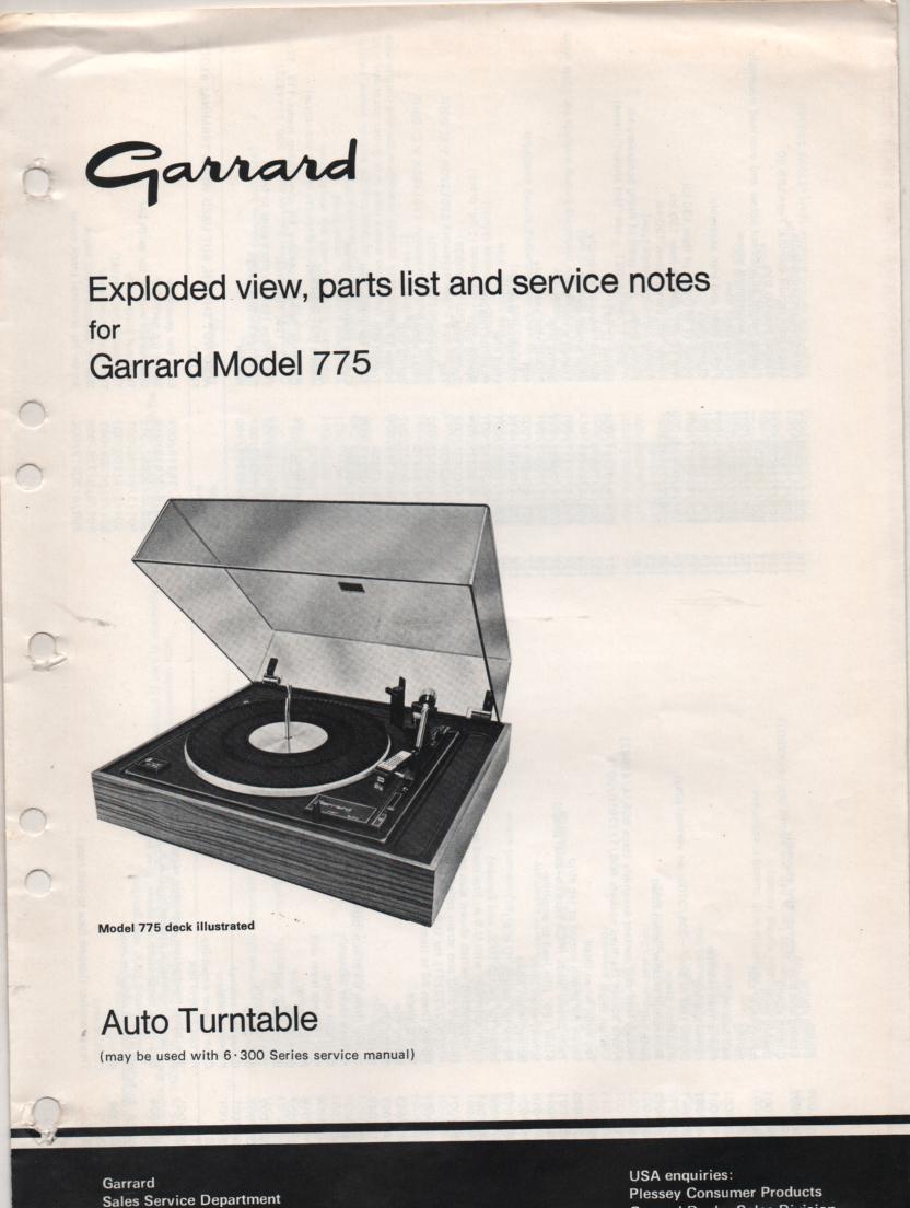 775 Turntable Exploded View and Parts List Service Manual.. Use 6-300 manual for complete manual..